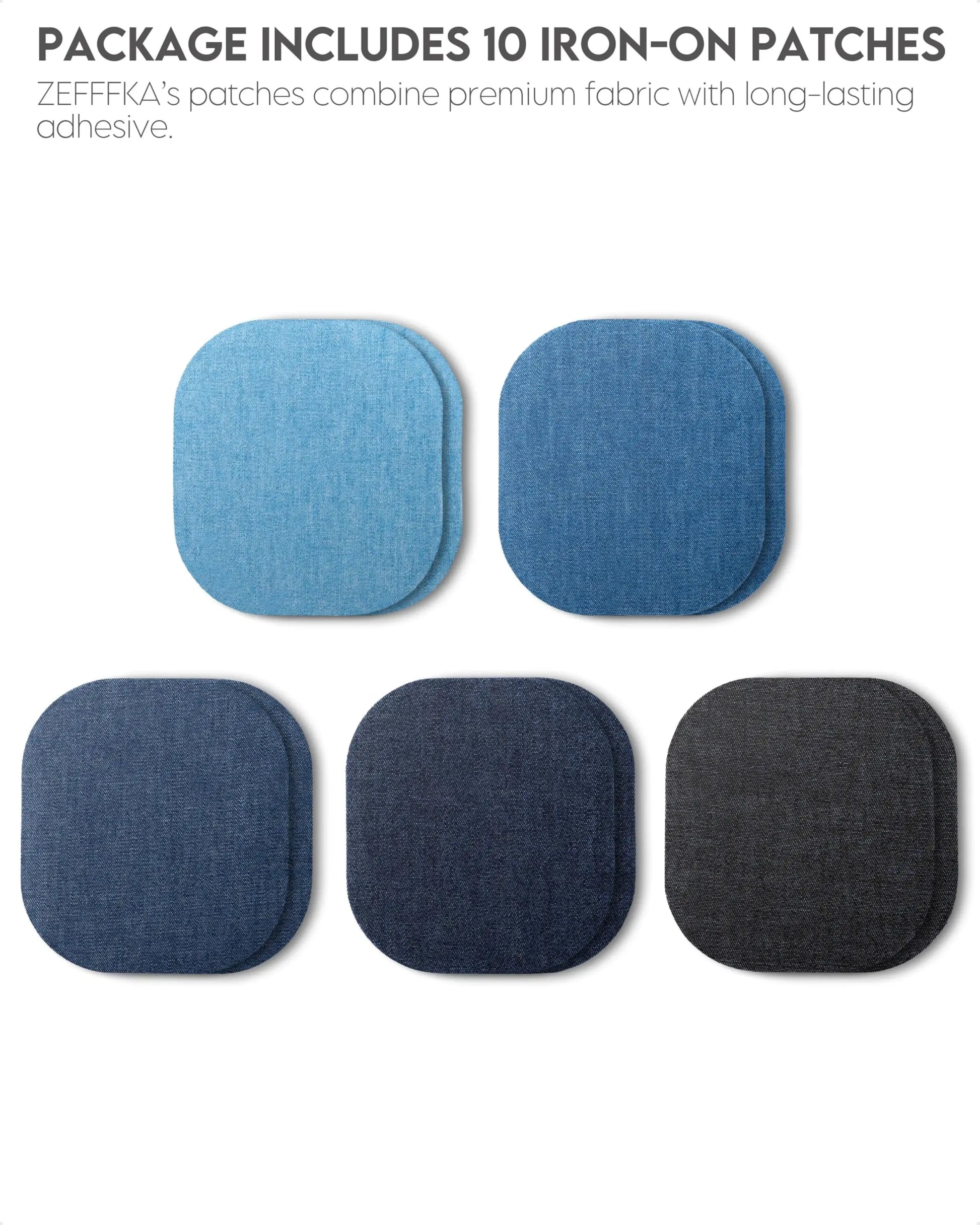 ZEFFFKA Denim Iron-on Jean Patches Inside & Outside Strongest Glue 100% Cotton Assorted Shades of Blue Black Repair Decorating Kit 10 Pieces Size 4-1/4" by 3-3/4" (9.8 cm x 10.8 cm)