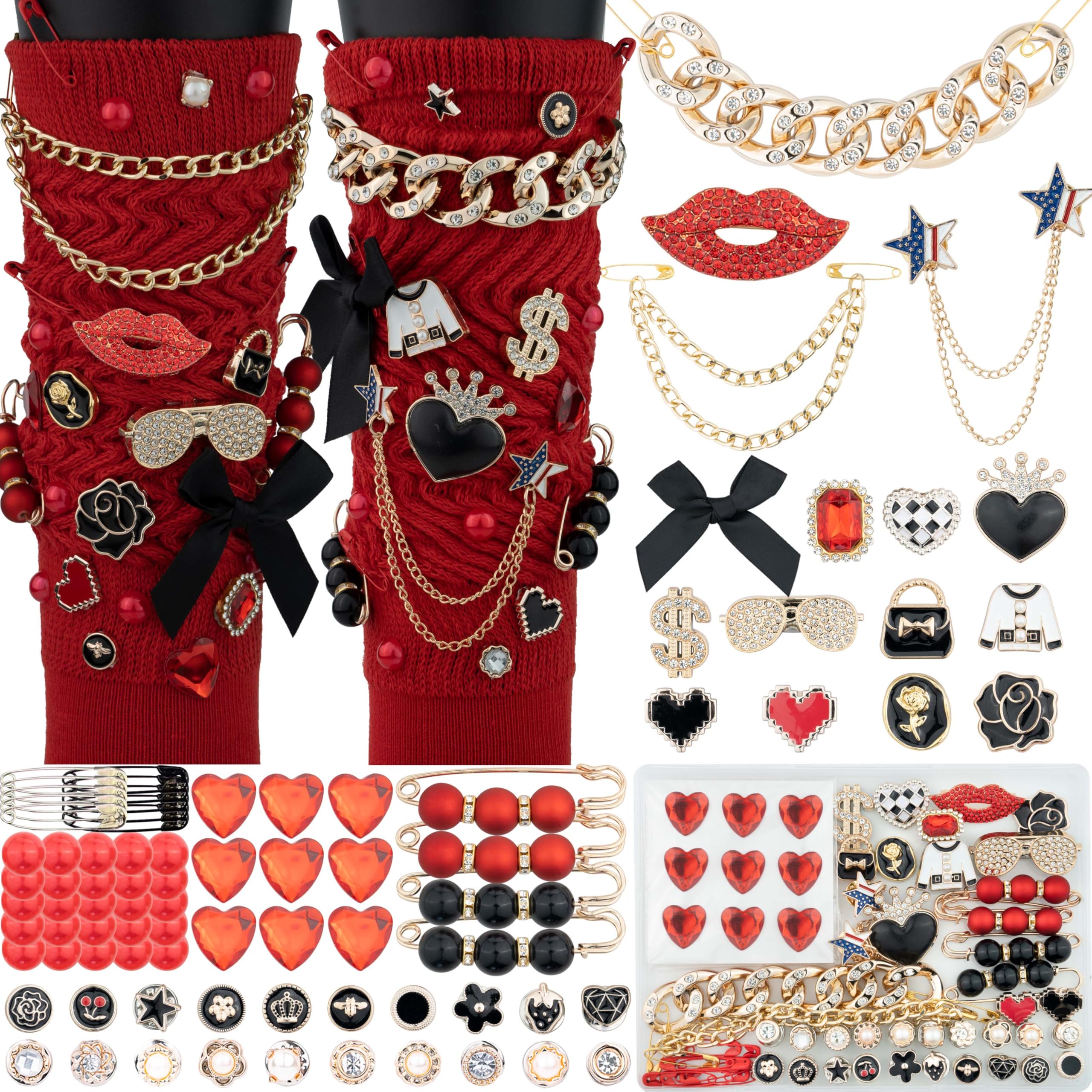 DoDoBeads 85 Pcs Junk Socks Charms Kit, Black and Red Charms for Socks, Brooches and Pins for Women, ShoeCharms with Bows, Sneakers DIY Kit with Pearls Rhinestones Chains