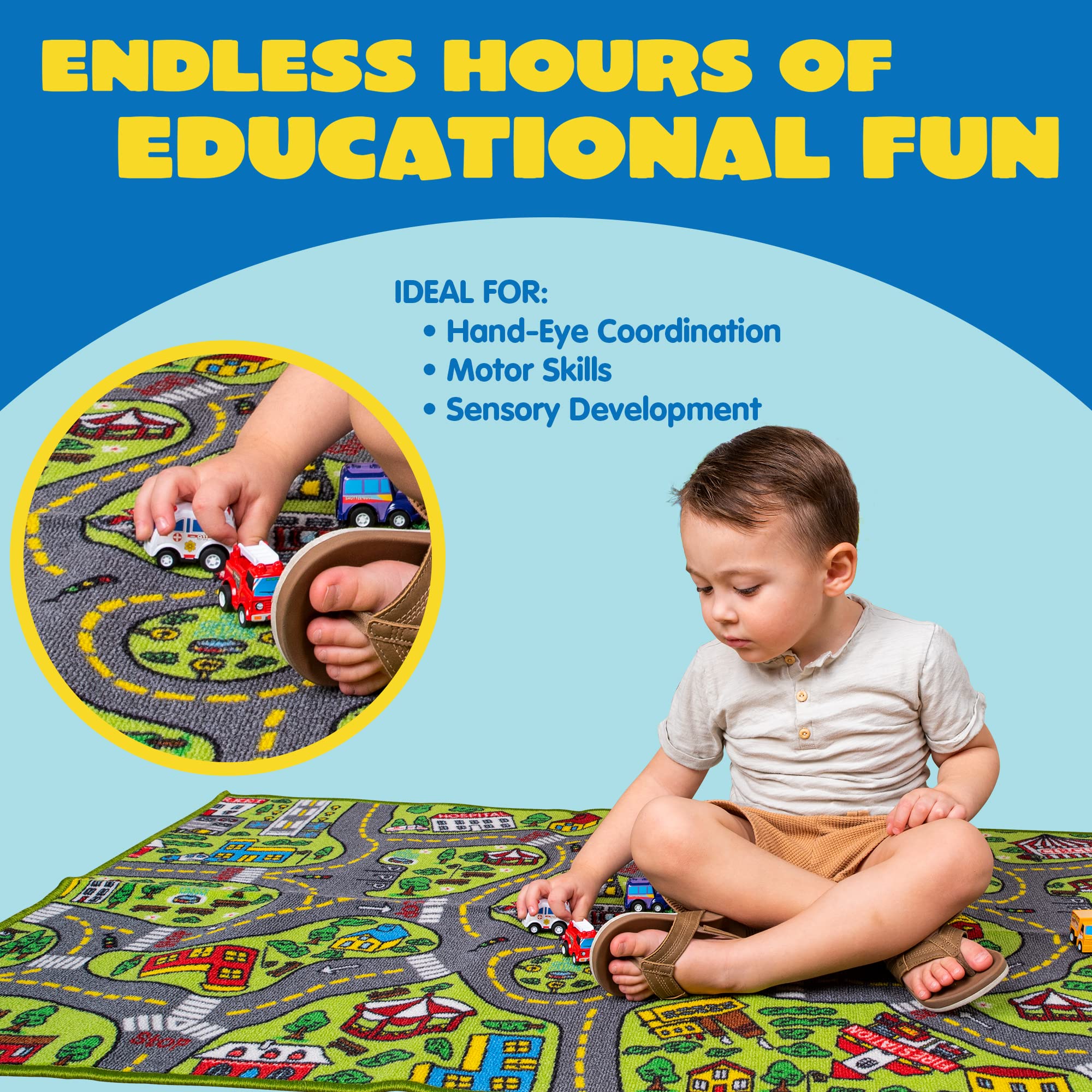 JOYIN Kids Play Rugs - 12 Pull-Back Vehicle Set - Durable Carpet Playmat Rug - City Pretend Play - Toddler Car Track Rug