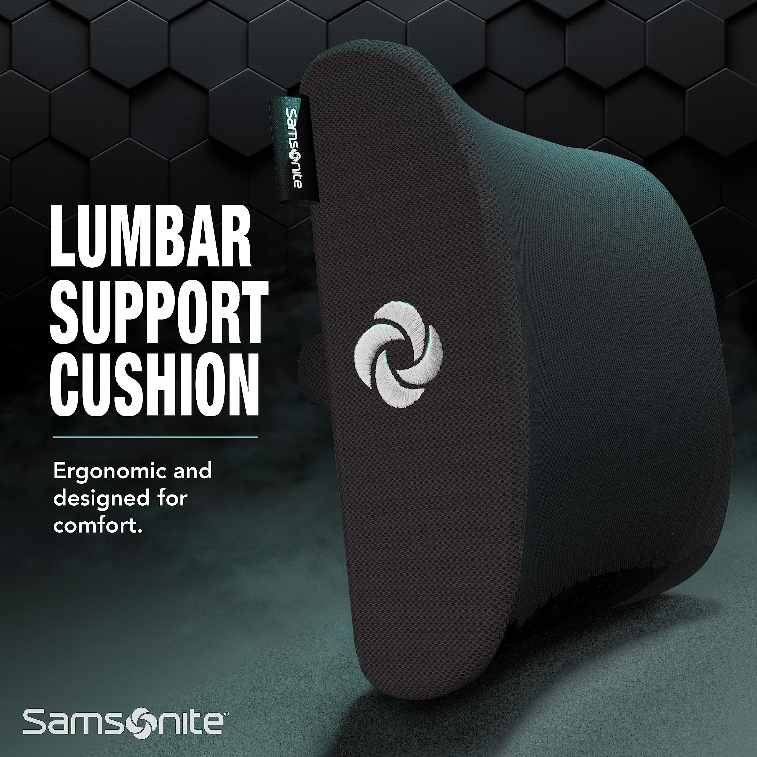 Samsonite Ergonomic Lumbar Support Pillow for Office Chair, Gaming Chair, or Car, Memory Foam Cushion with Ventilated Mesh and Adjustable Strap