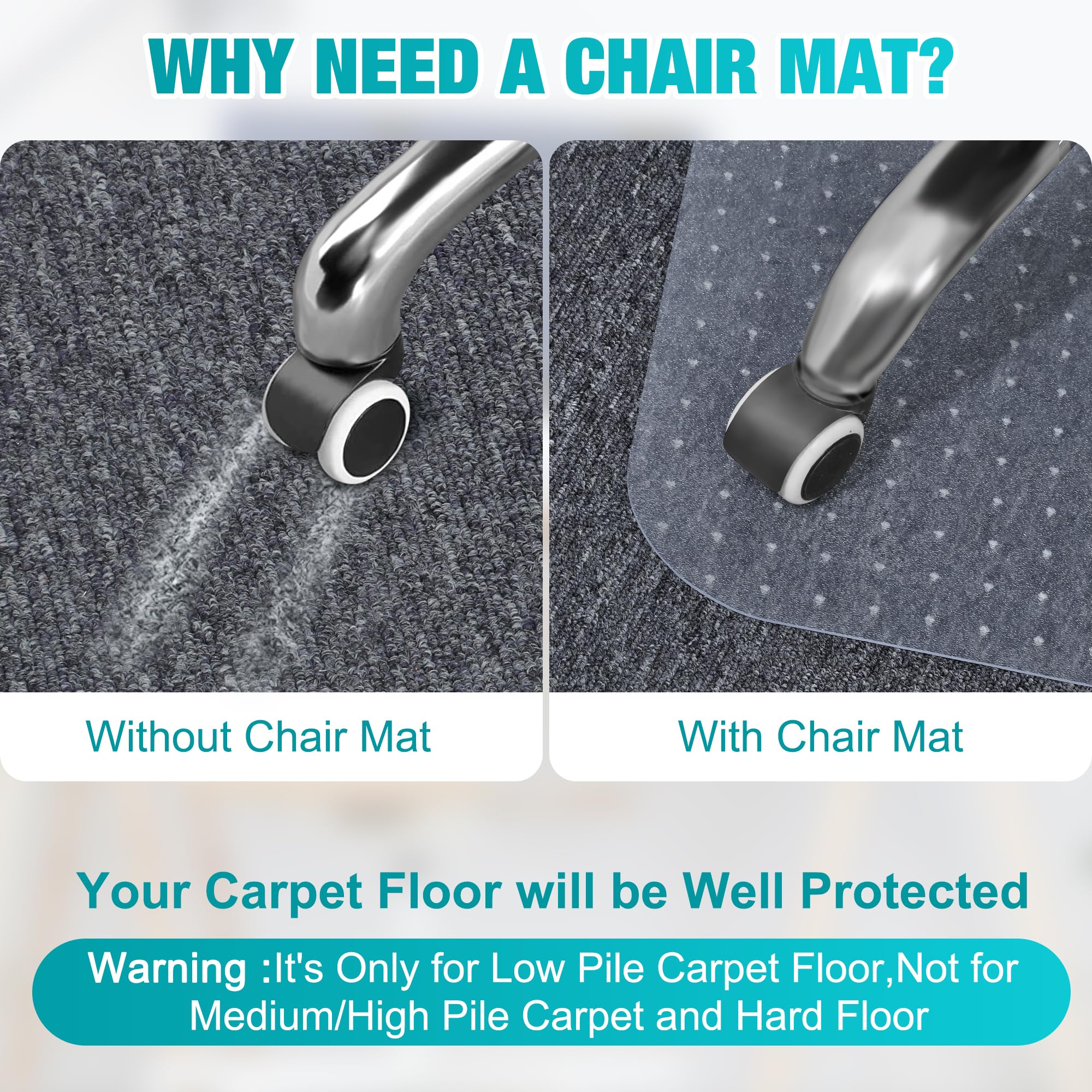 LeapYouth Office Chair Mat for Carpets, Clear Desk Floor Mat for Low, Flat and No Pile Carpeted Floors, Thick and Sturdy Carpet Protector for Desk Chair (48'' X 36'' Rectangle)