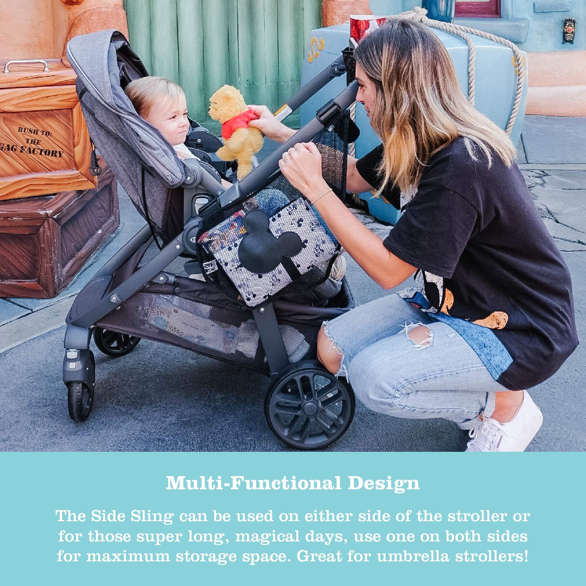 J.L. Childress Disney Baby Side Sling Stroller Cargo Net - Stroller Organizer Attachment for Storage, Mesh Bag for Baby Accessories, Universal Fit - Mickey, Black