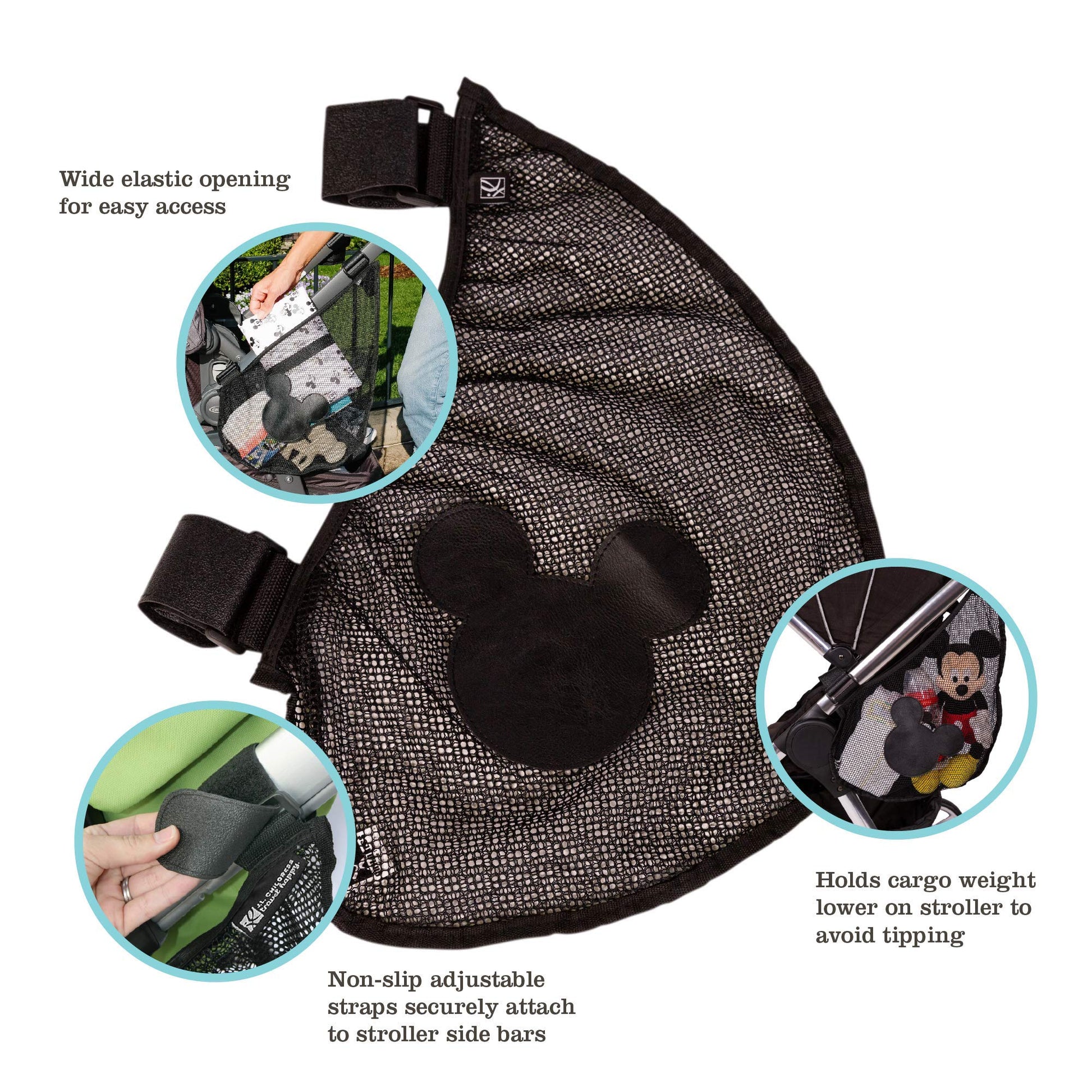 J.L. Childress Disney Baby Side Sling Stroller Cargo Net - Stroller Organizer Attachment for Storage, Mesh Bag for Baby Accessories, Universal Fit - Mickey, Black