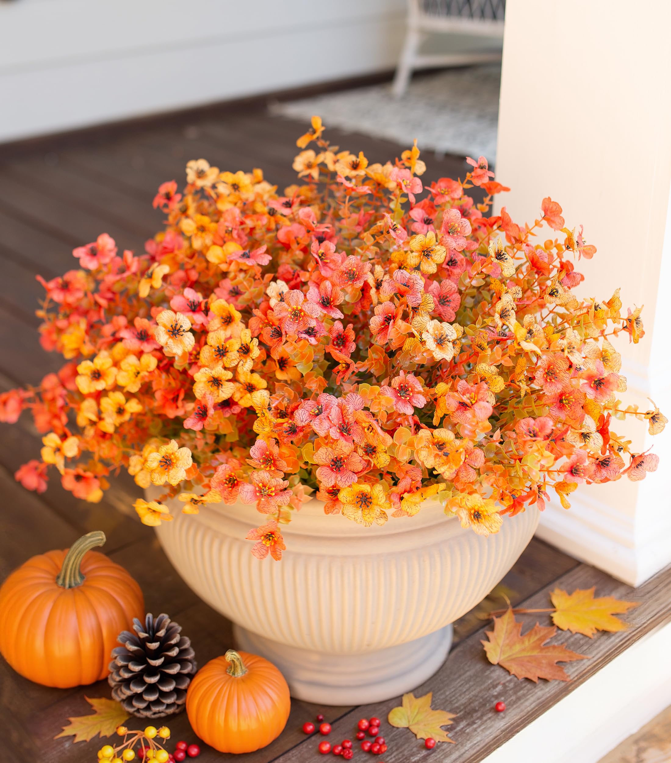 HyeFlora Artificial Fall Flowers Faux Mums for Outdoor Indoor Garden Home Decoration, Faux Flower Daisy with Eucalyptus Leaves Fake Mums Plants Greenery Boxwood Porch Patio, 12 Bundles