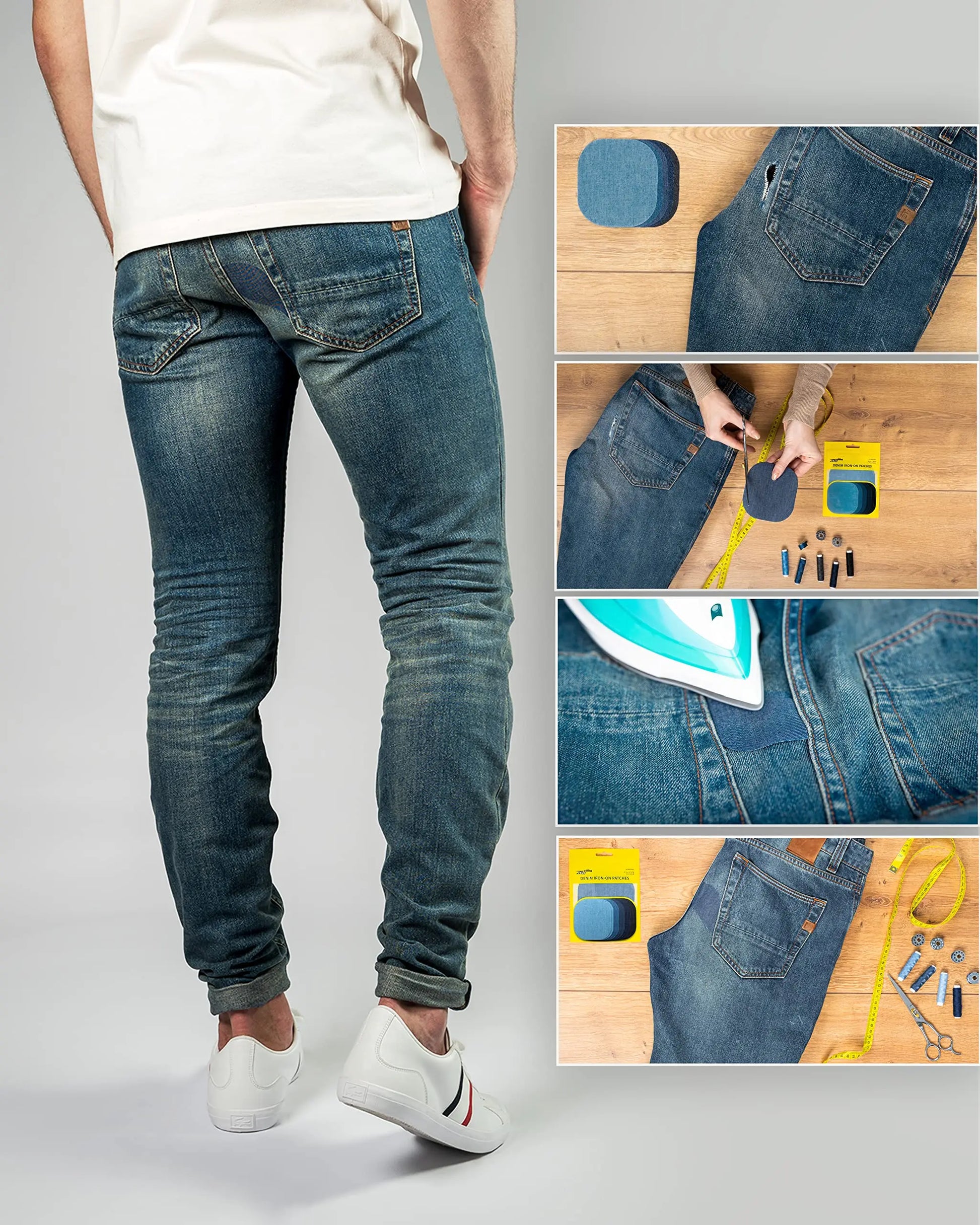ZEFFFKA Denim Iron-on Jean Patches Inside & Outside Strongest Glue 100% Cotton Assorted Shades of Blue Black Repair Decorating Kit 10 Pieces Size 4-1/4" by 3-3/4" (9.8 cm x 10.8 cm)