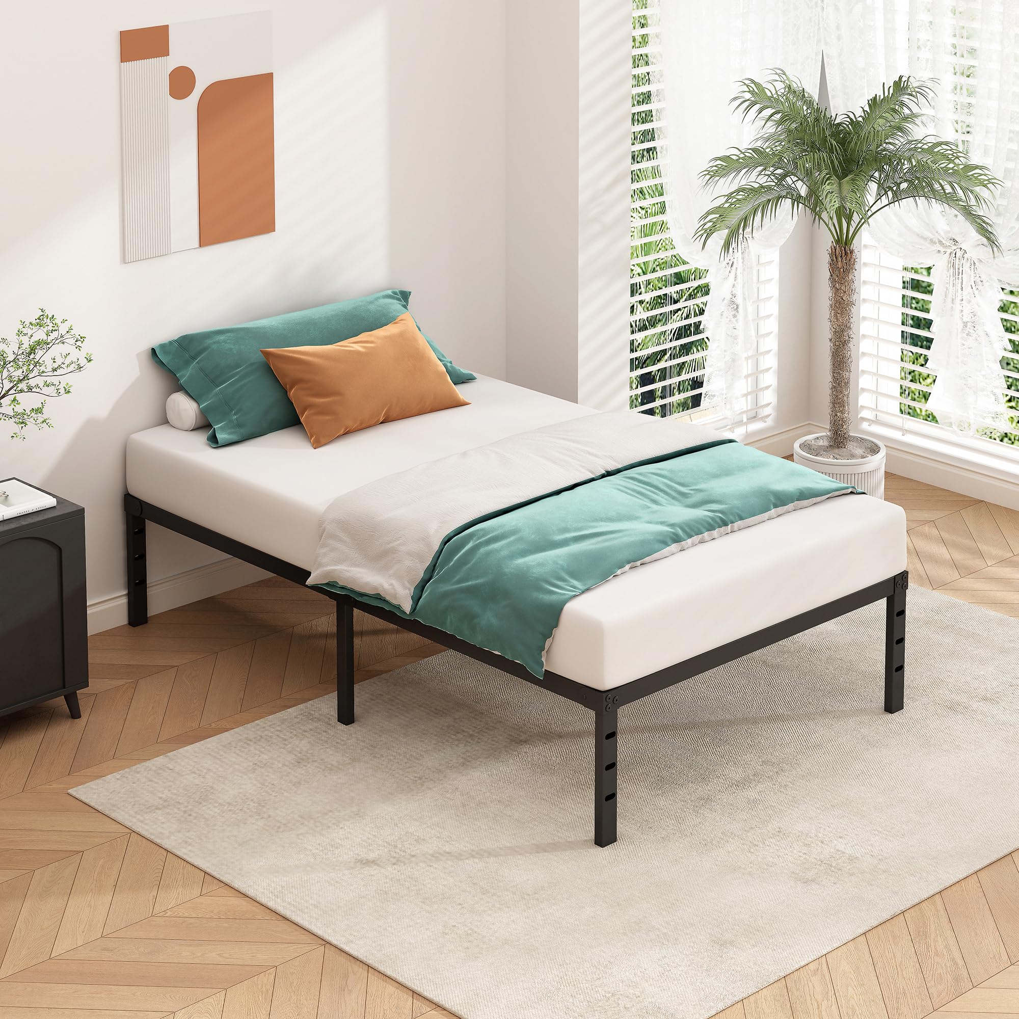 HLIPHA Metal Platform Bed Frame 14 Inch Tall,No Box Spring Needed,Twin Size Bed with Heavy Duty Strong Support Slats,Easy to Assemble,Black