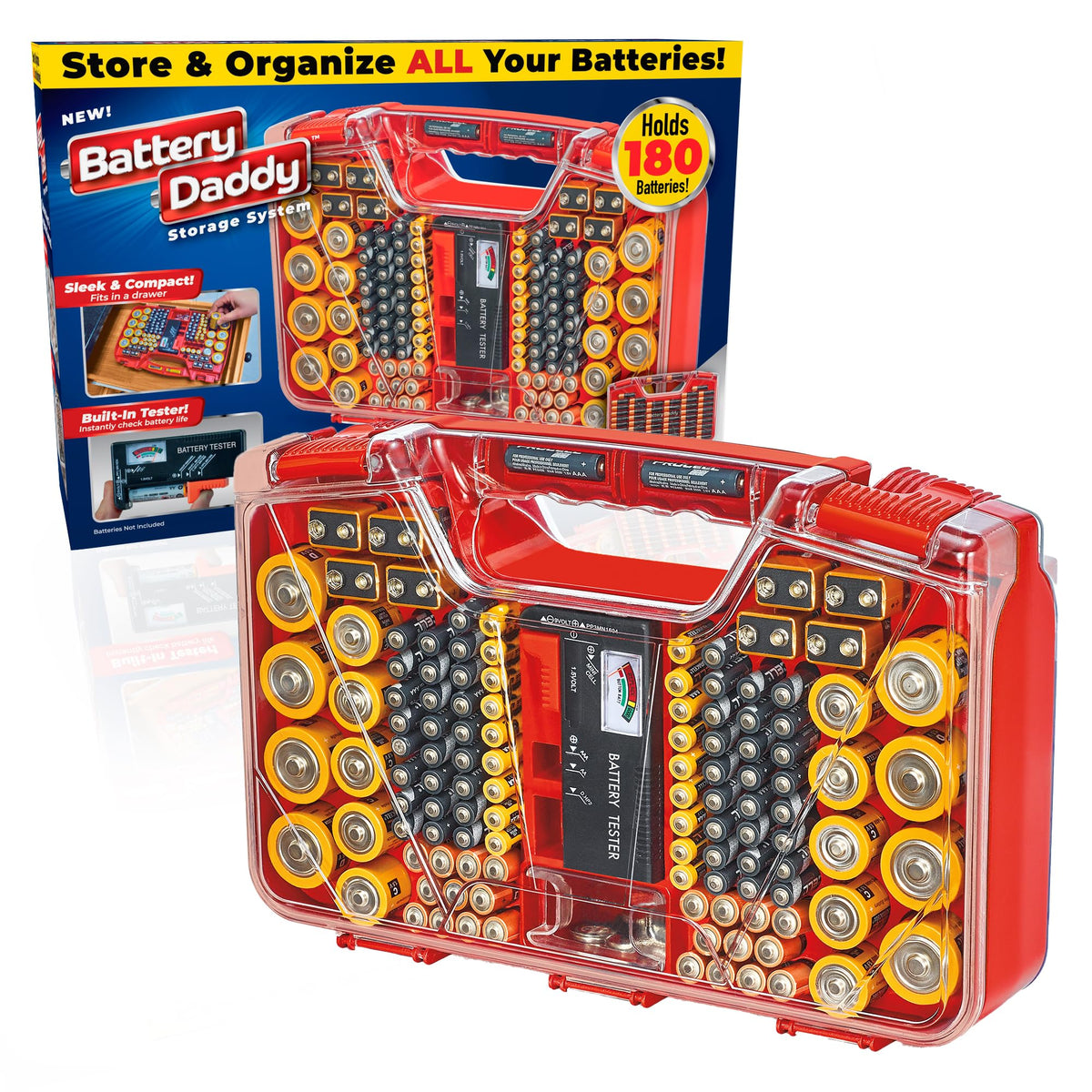 Ontel Battery Daddy Storage & Organizer Case with Tester, Stores & Protects Up to 180 Batteries, Double-Sided, Durable Design with Clear Locking Lid, Secure Latches & Portable Carrying Handle - Red