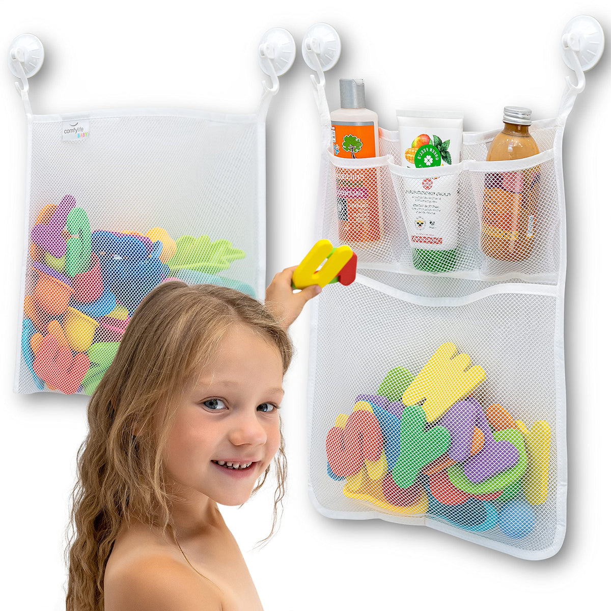 2 x Netz-Badespielzeug-Organizer + 8 ultrastarke Haken – Der perfekte Badespielzeug-Halter & Bad- oder Duschkorb – Diese vielseitigen Netztaschen machen die Aufbewahrung von Badespielzeug für Babys einfach – Für Kinder & Kleinkinder