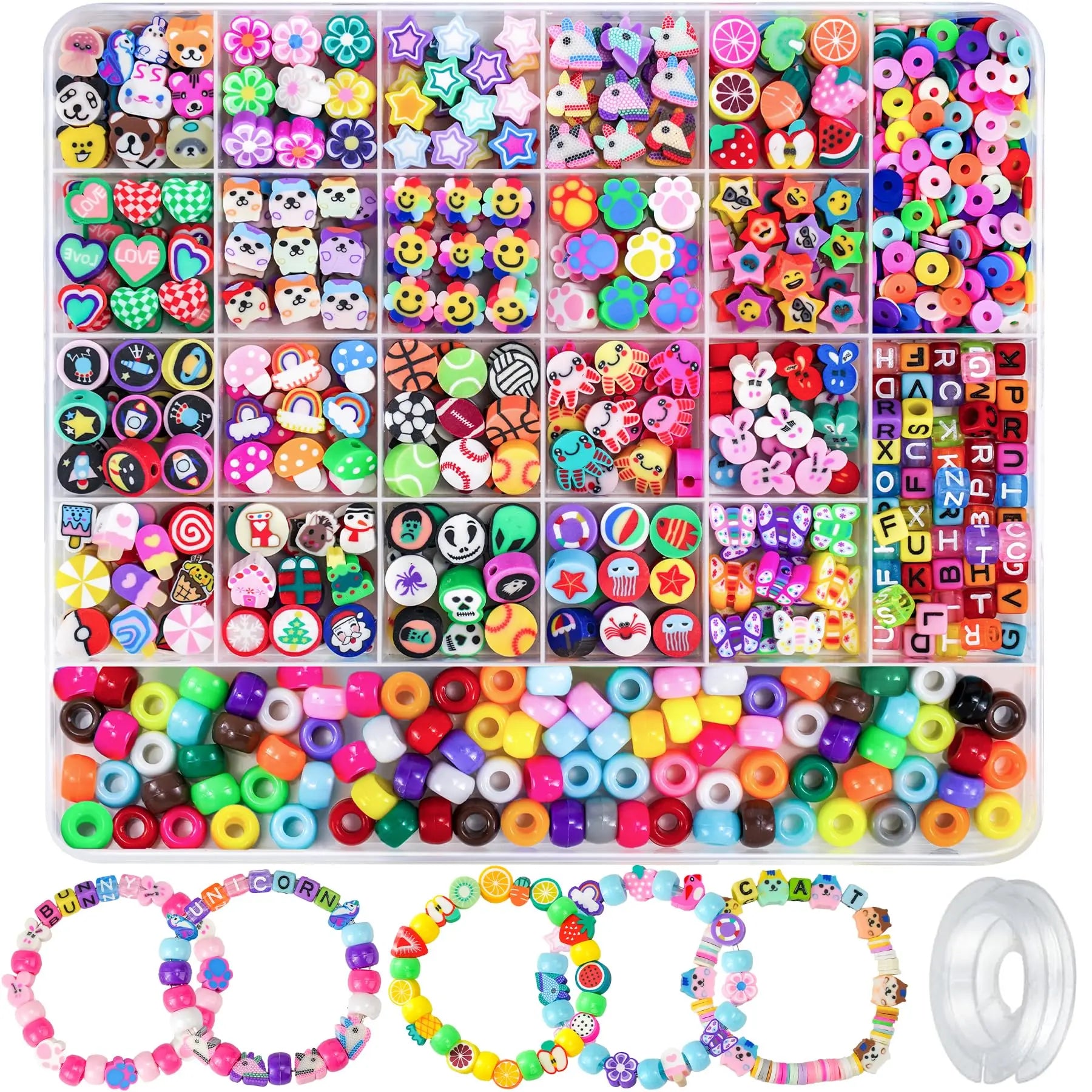 Gionlion 1200 Pcs Polymer Clay Beads Bracelet Making Kit, 25 Style Animal Fruit Flower Butterfly Bunny Pony Letter Beads Charms for Jewelry Making, DIY Art and Crafts Toys Gifts for 4+ Year Old Kids