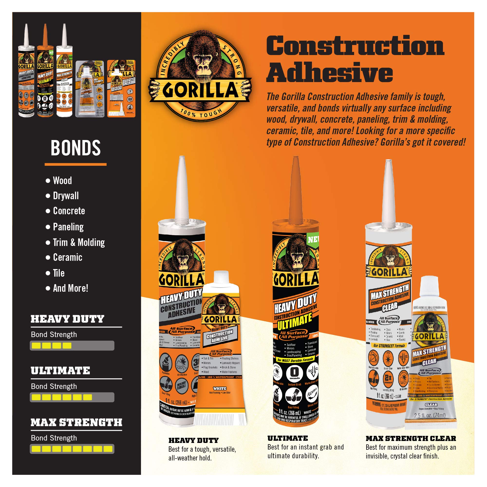 Gorilla Max Strength Construction Adhesive, Clear Glue, 2.5 Ounce Squeeze Tube (Pack of 1) - Gap Filling and Waterproof