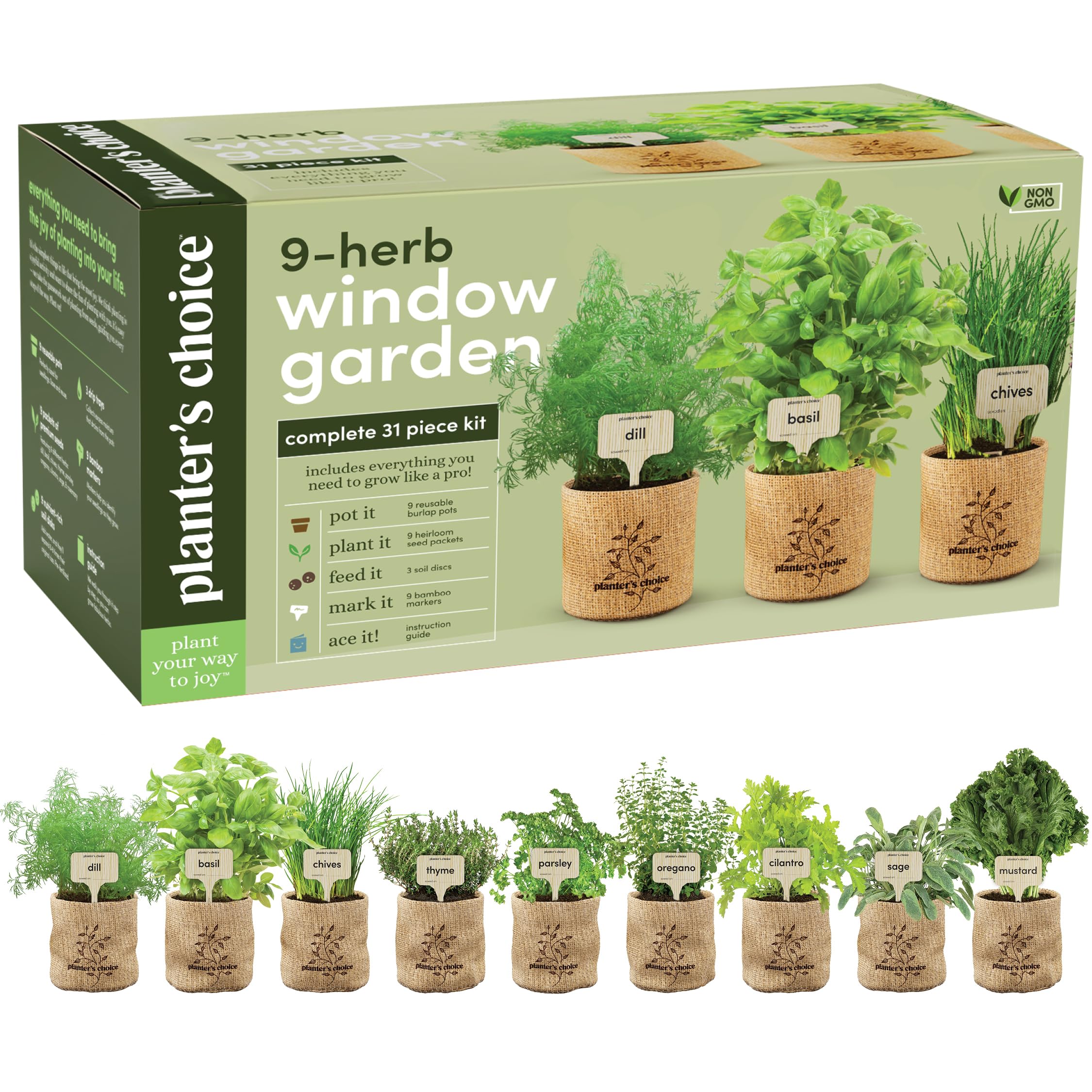 مجموعة بذور 9 أعشاب داخلية للحديقة على النافذة من Planters' Choice - بذور نباتات منزلية - أفضل أفكار هدايا فريدة للنساء، الأم، الصديقة، لها، هدية عيد ميلاد، تدشين منزل، عيد الأم - هدايا مطبخ للمنزل الجديد - بادئ نباتات حية