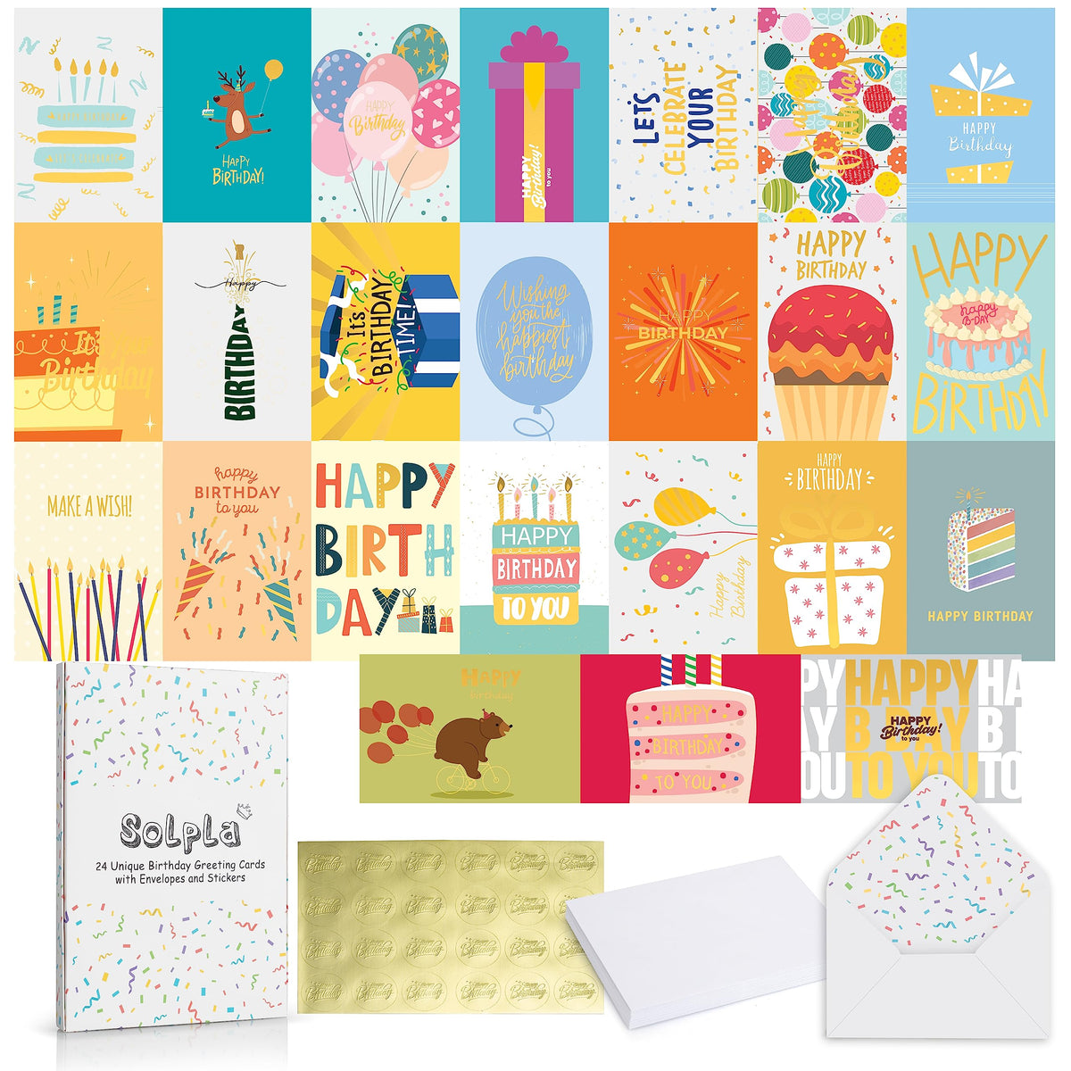 24er-Pack einzigartige Goldfolien-Geburtstagskarten mit Umschlägen und Aufklebern | 10x15 cm leere Geburtstagskarten im Großpack für Familie, Kinder, Freunde, Arbeits- und Bürofeiern.