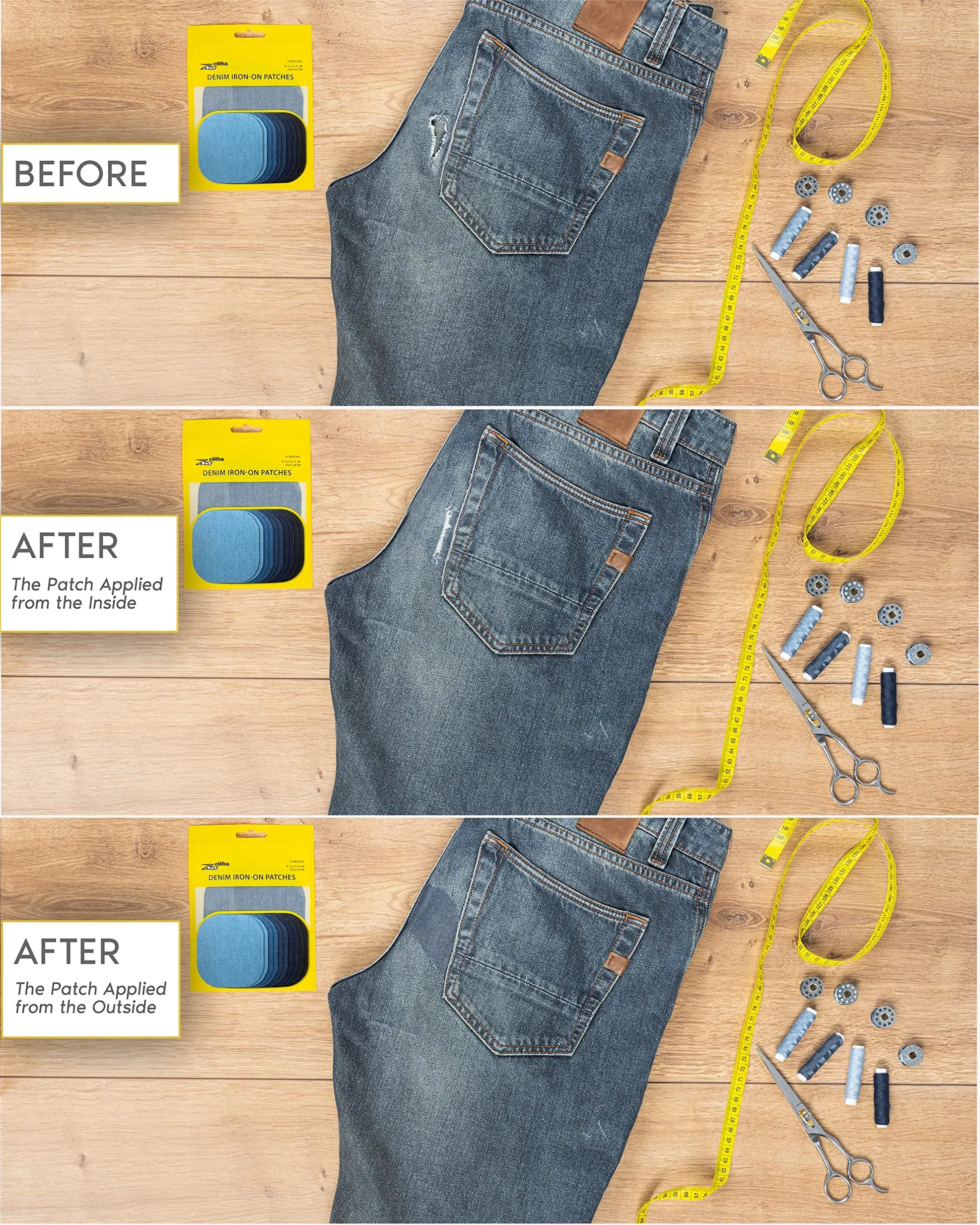 ZEFFFKA Denim Iron-on Jean Patches Inside & Outside Strongest Glue 100% Cotton Assorted Shades of Blue Black Repair Decorating Kit 10 Pieces Size 4-1/4" by 3-3/4" (9.8 cm x 10.8 cm)
