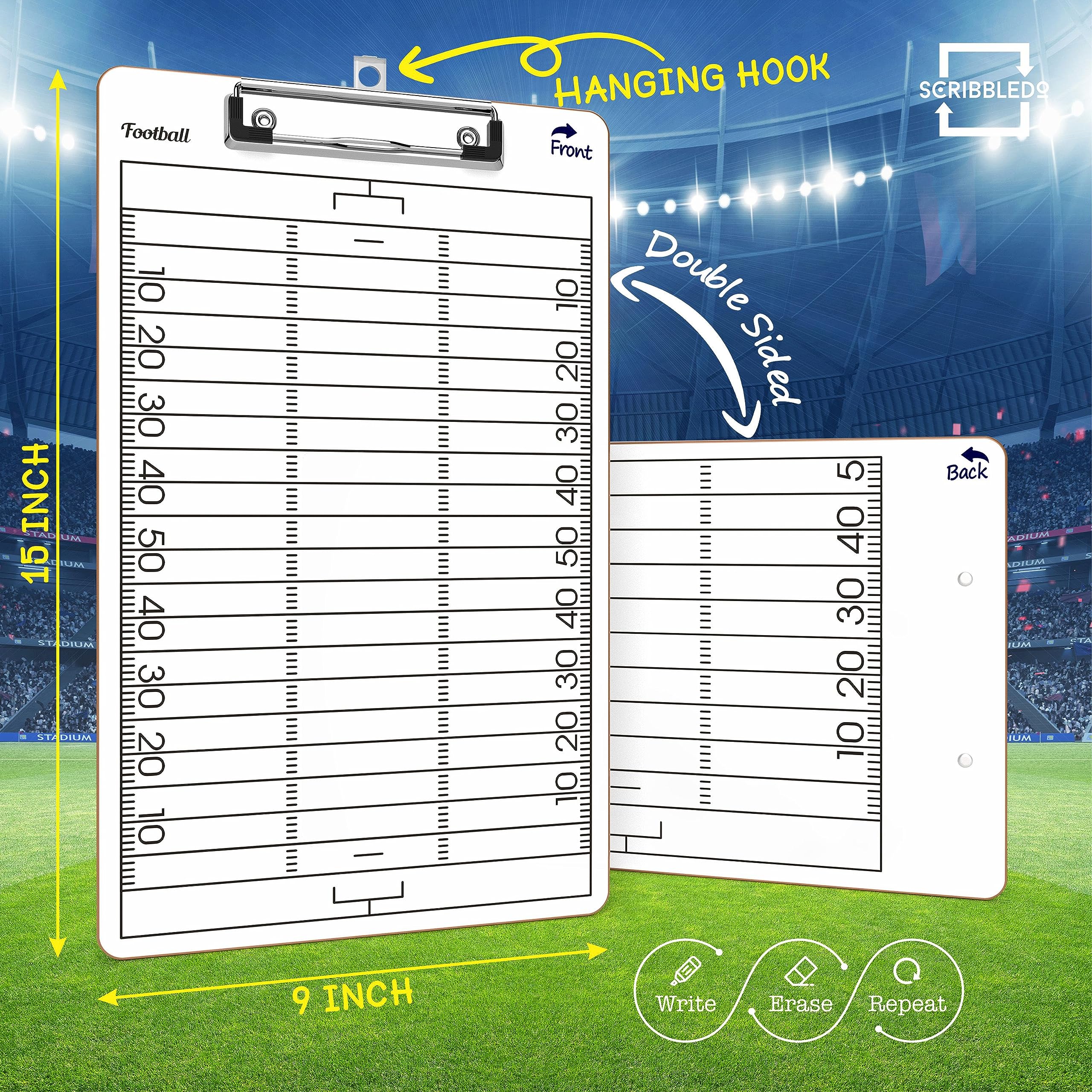 SCRIBBLEDO Double Sided Football Dry Erase Board for Coaches 15x9 Whiteboard Coaching Clipboard Equipment Accessories - Perfect Coach Gift