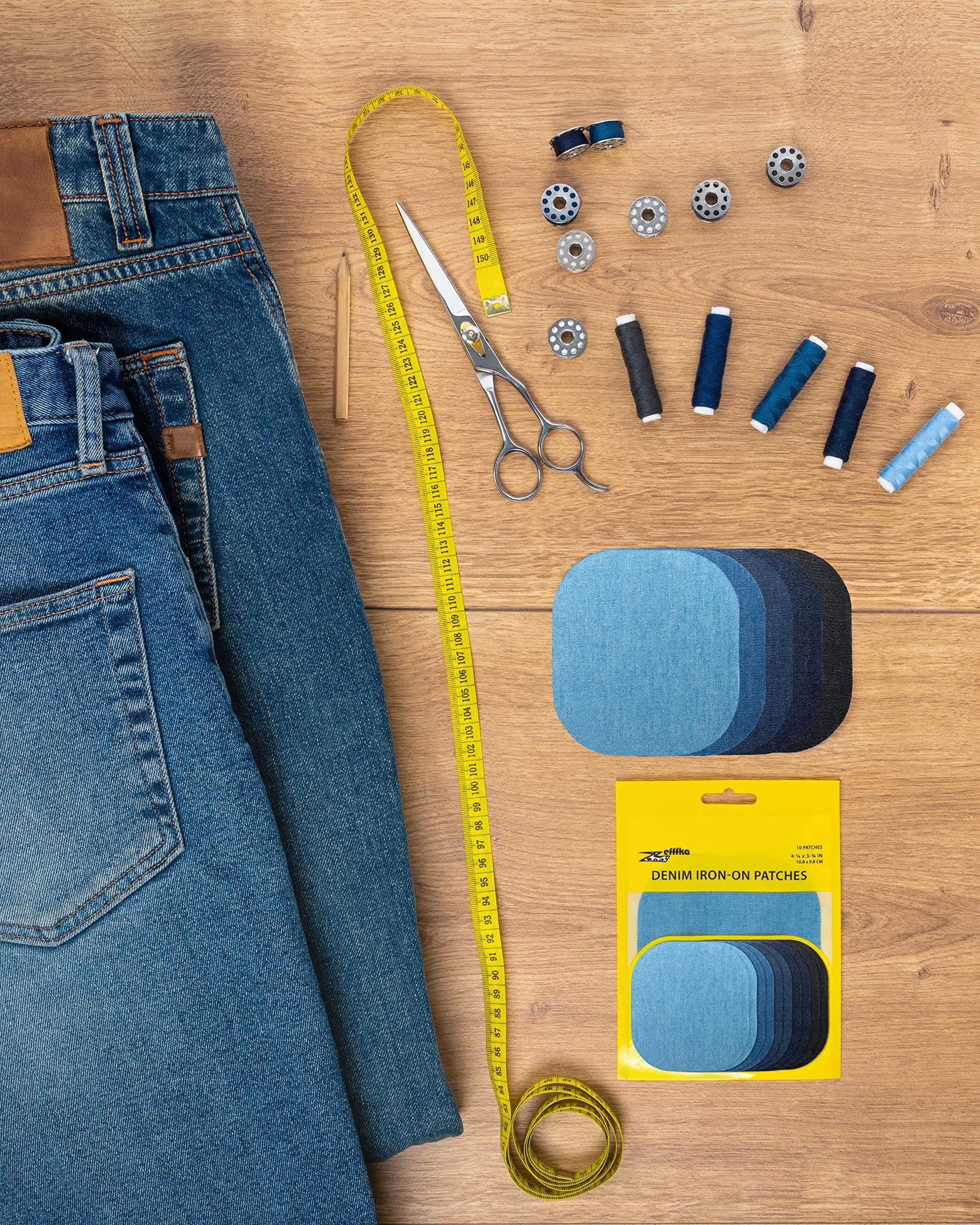 ZEFFFKA Denim Iron-on Jean Patches Inside & Outside Strongest Glue 100% Cotton Assorted Shades of Blue Black Repair Decorating Kit 10 Pieces Size 4-1/4" by 3-3/4" (9.8 cm x 10.8 cm)